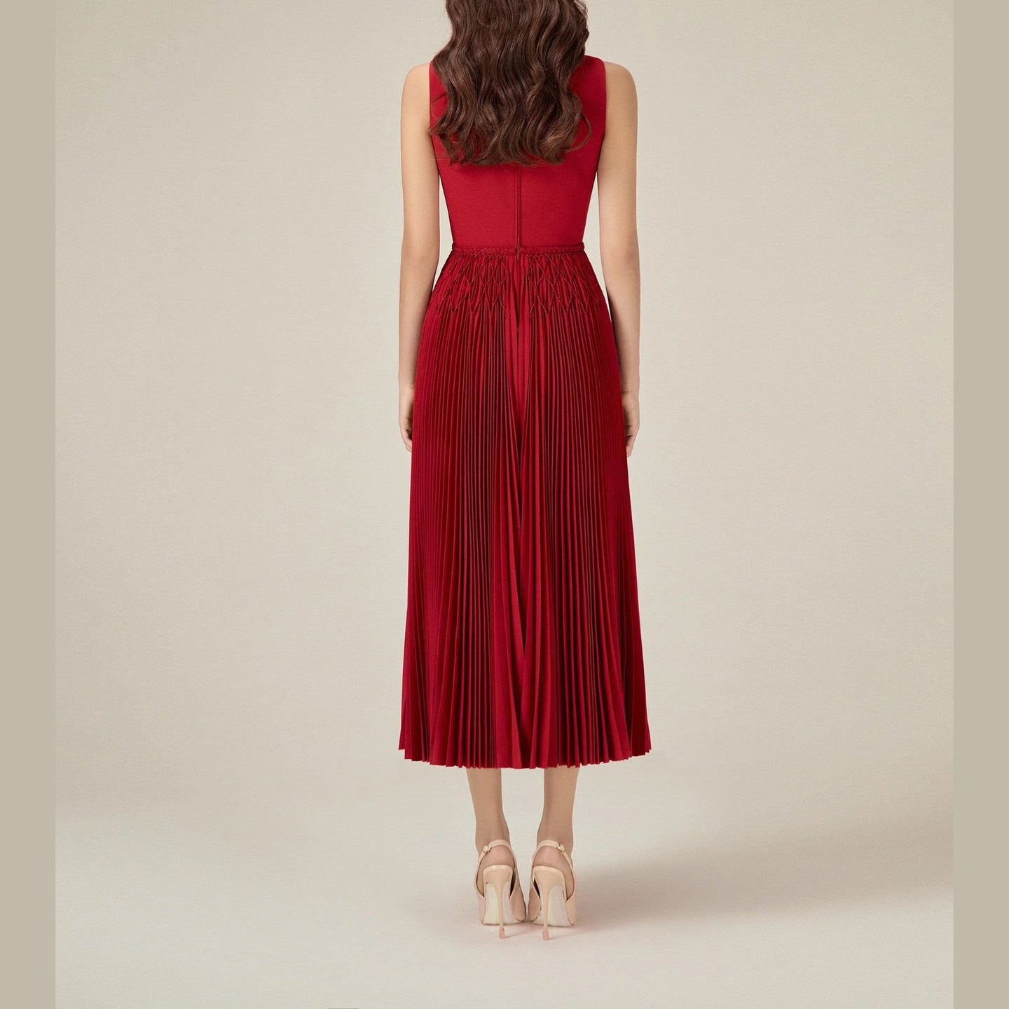 CHERIE | Red Midi Pleated Dress - Cielie